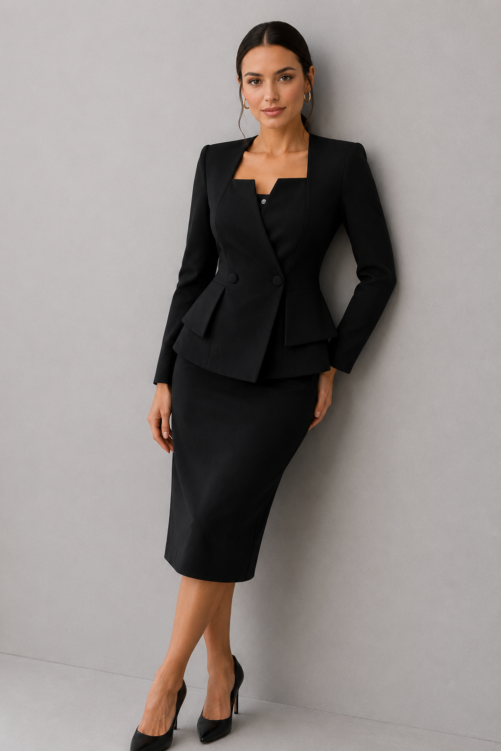 Women's Polyester Two-Piece Jacket and Skirt Set with Square Neckline