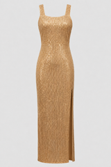 Women's Sleeveless Maxi Dress with Square Neck and Sequin Pattern