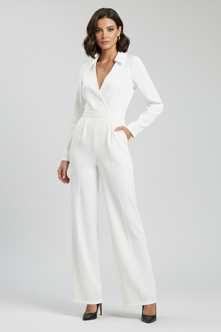 Women's Jumpsuit with Shirt Collar and Wide Legs in Black - View 8.0 | Roselva