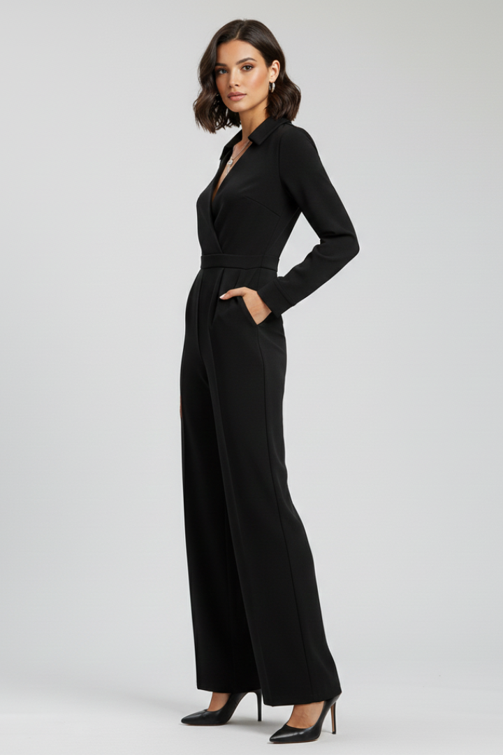 Women's Jumpsuit with Shirt Collar and Wide Legs in Black - View 3.0 | Roselva