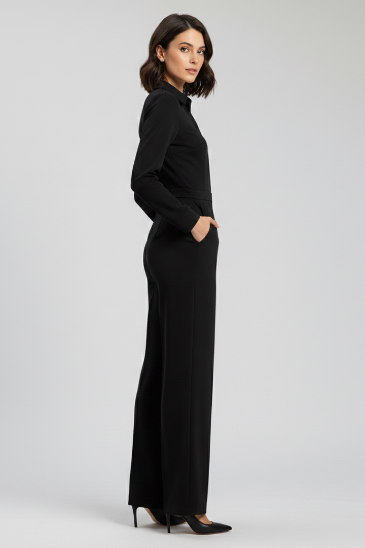 Women's Jumpsuit with Shirt Collar and Wide Legs in Black - View 4.0 | Roselva