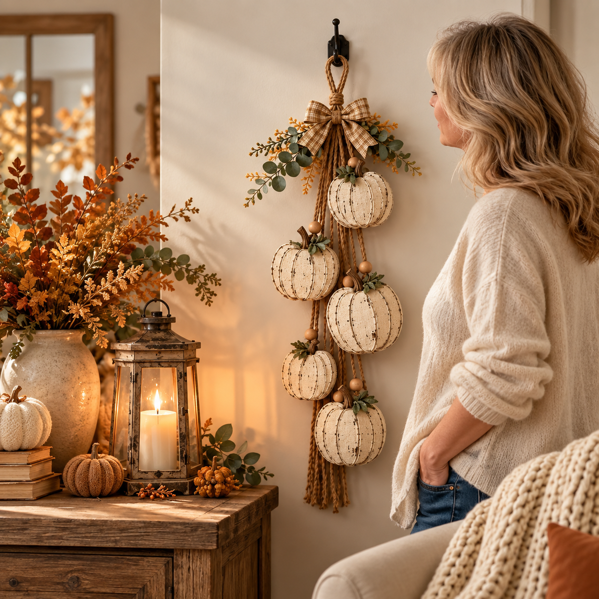 Wooden Pumpkin Door Hanger - 5-Piece Set with Plaid Bow