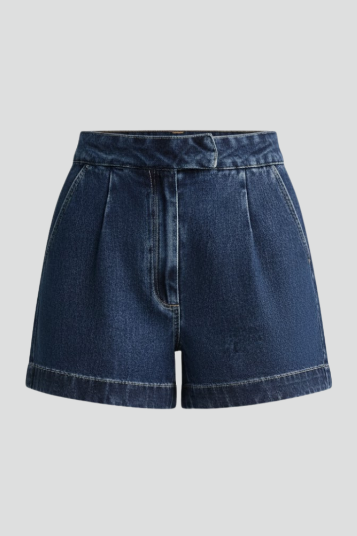 Women's High-Waisted Shorts with Cuffed Hem in Blue | Roselva
