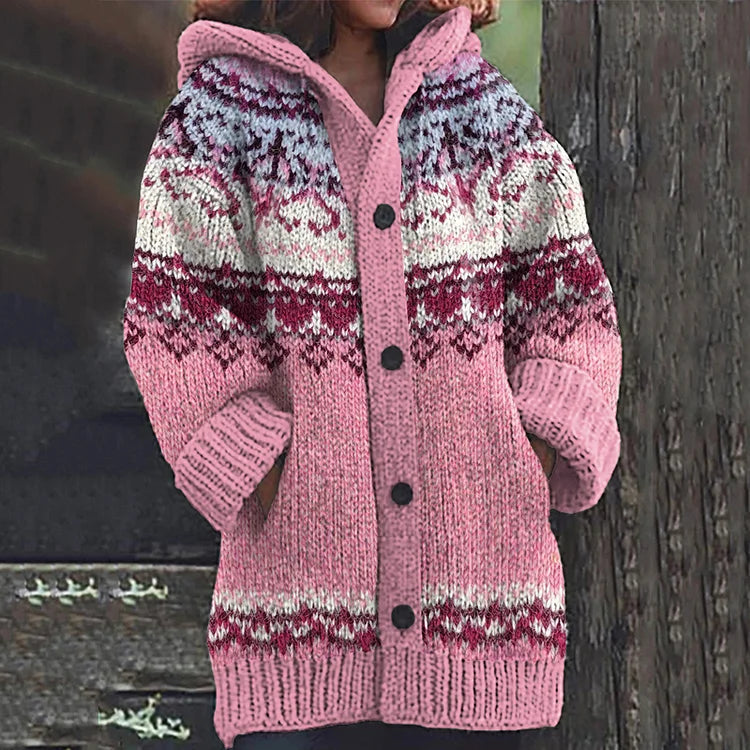 Women's Hooded Knit Cardigan with Fair Isle Pattern
