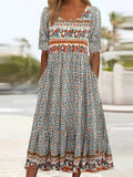 Vestido maxi bohemio floral con mangas cortas y escote cuadrado para mujer – Boho floral