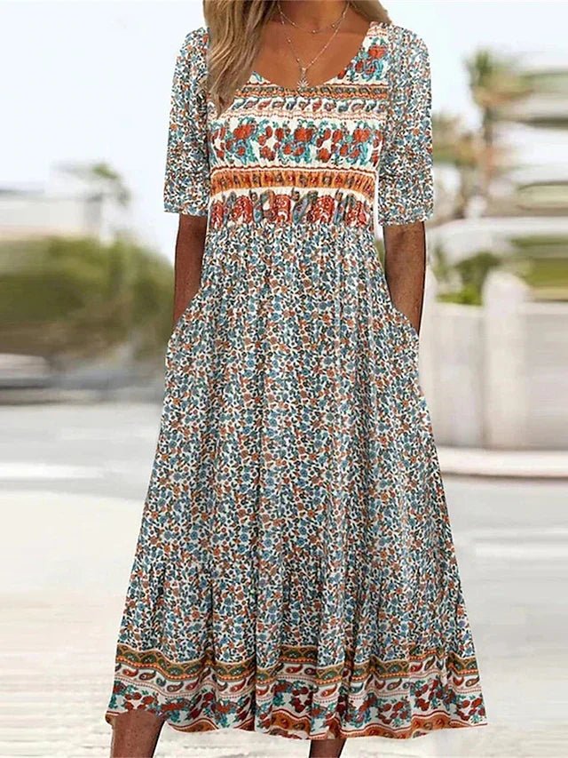Women's Boho Floral Short-Sleeve Square-Neck Maxi Dress – Boho Floral