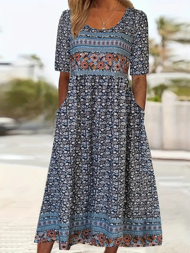 Women's Boho Floral Short-Sleeve Square-Neck Maxi Dress – Boho Floral