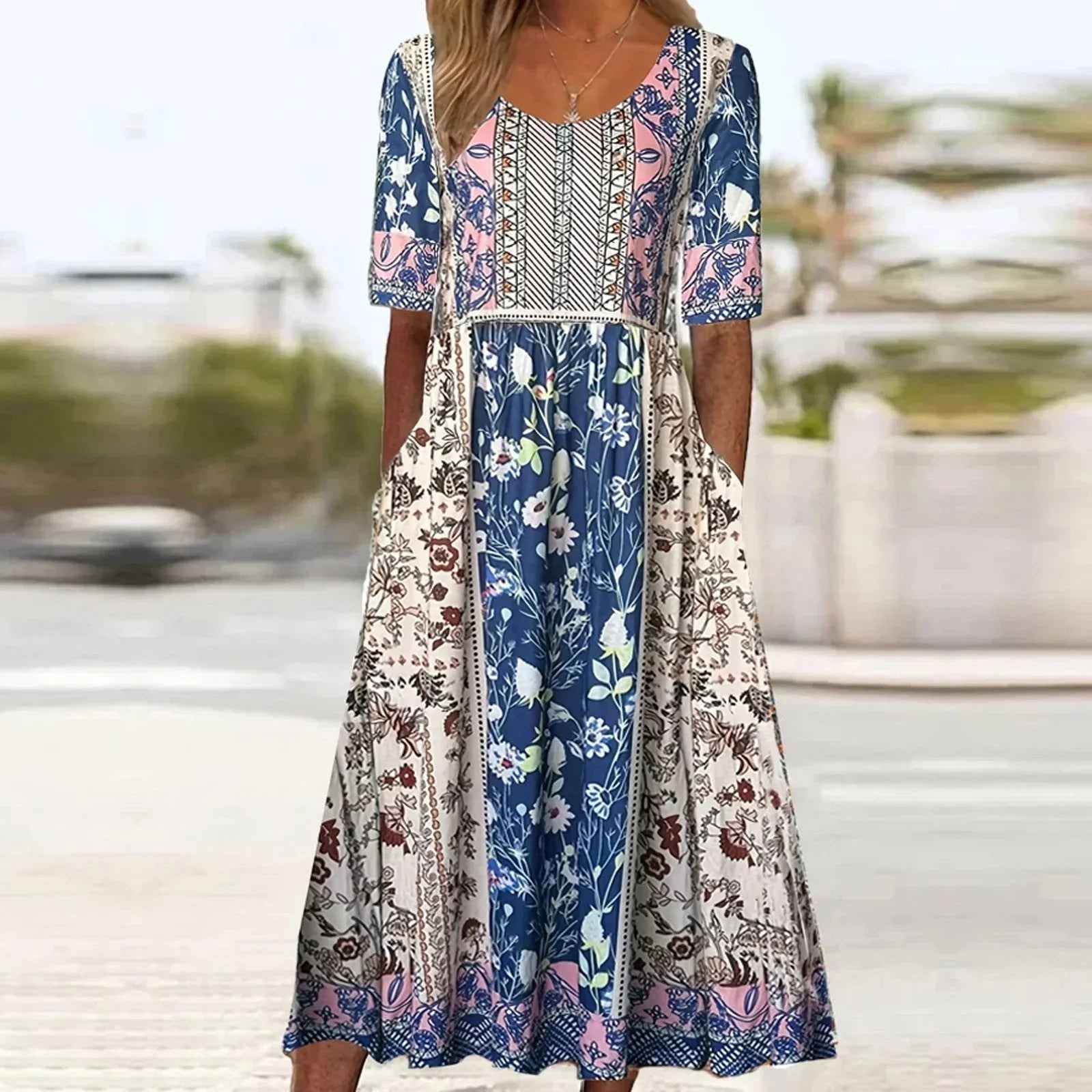 Women's Boho Floral Short-Sleeve Square-Neck Maxi Dress – Boho Floral