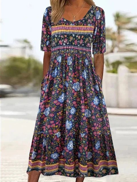 Women's Boho Floral Short-Sleeve Square-Neck Maxi Dress – Boho Floral