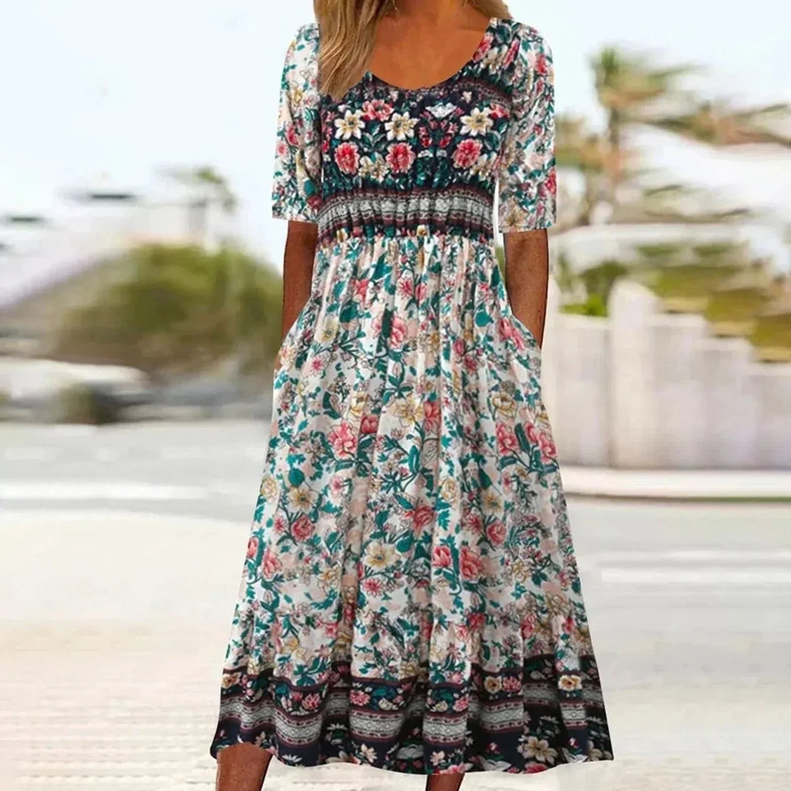 Women's Boho Floral Short-Sleeve Square-Neck Maxi Dress – Boho Floral