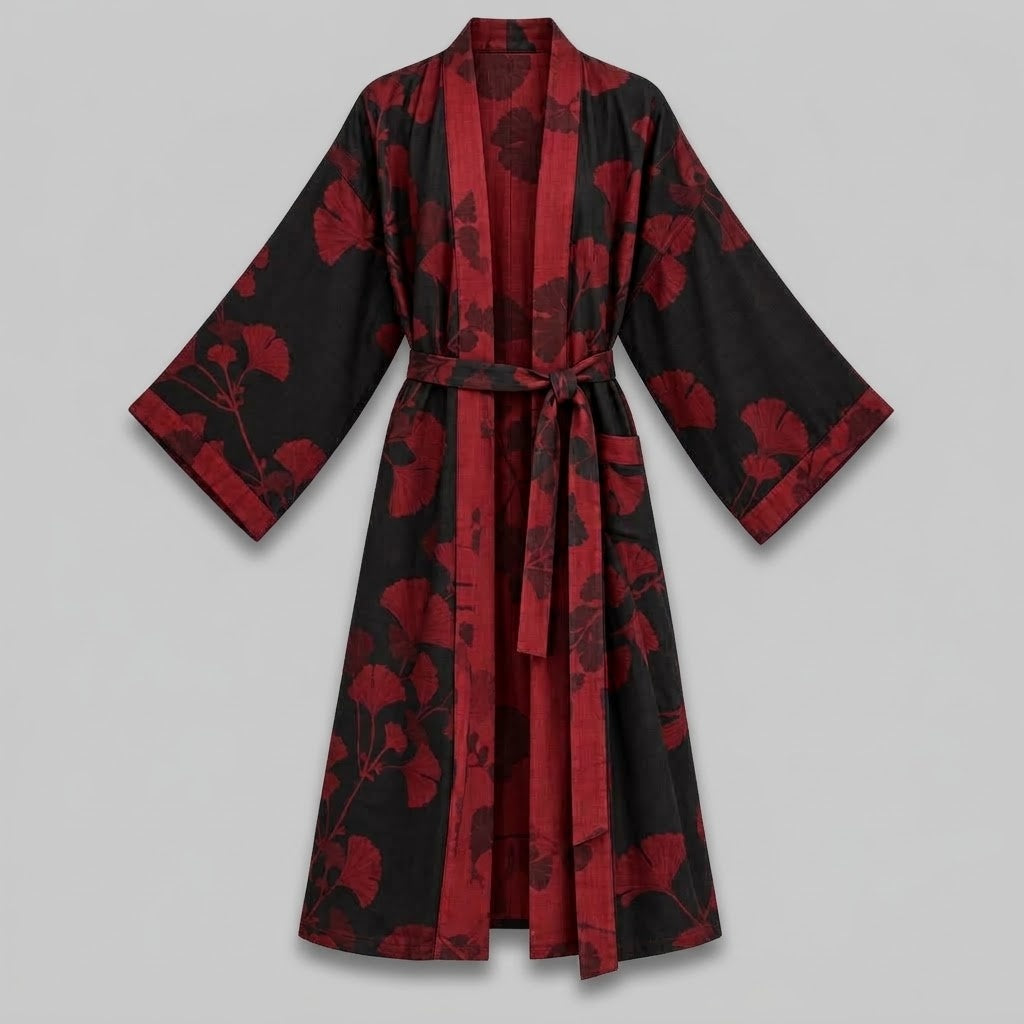 Cotton Kimono Bathrobe with Reversible Leaf Pattern