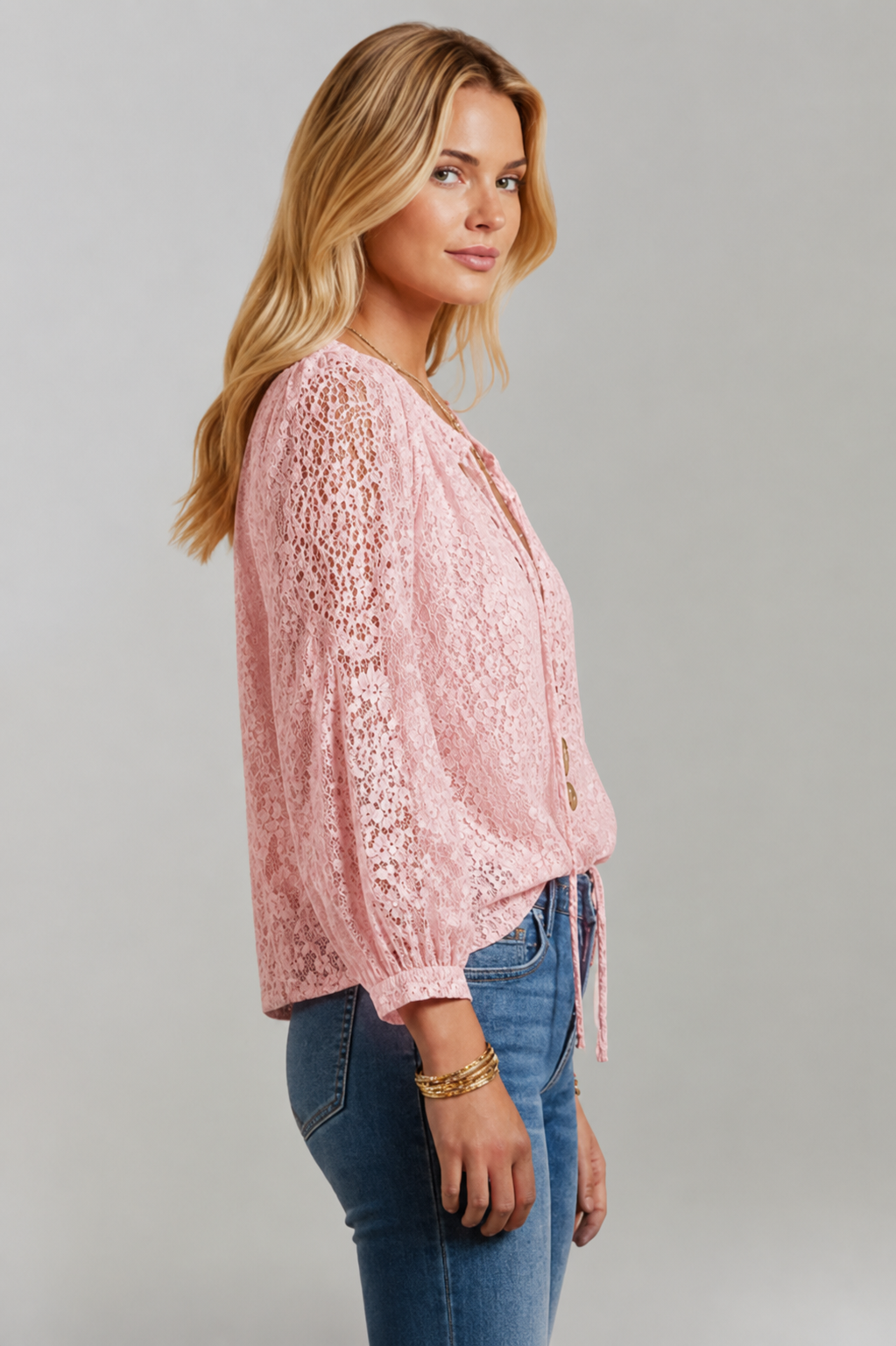 Women's Blouse with Lace Detail and Tied Neckline
