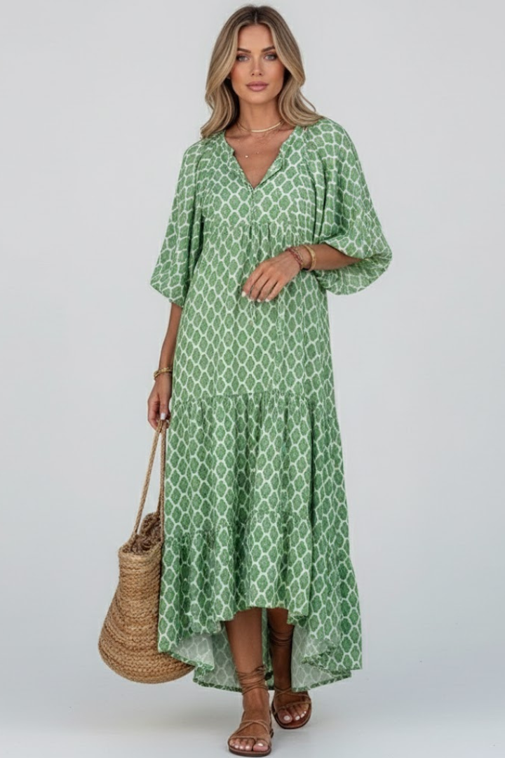 Women's Dress with V-Neck and Short Sleeves in Light Green - View 2.0 | Roselva