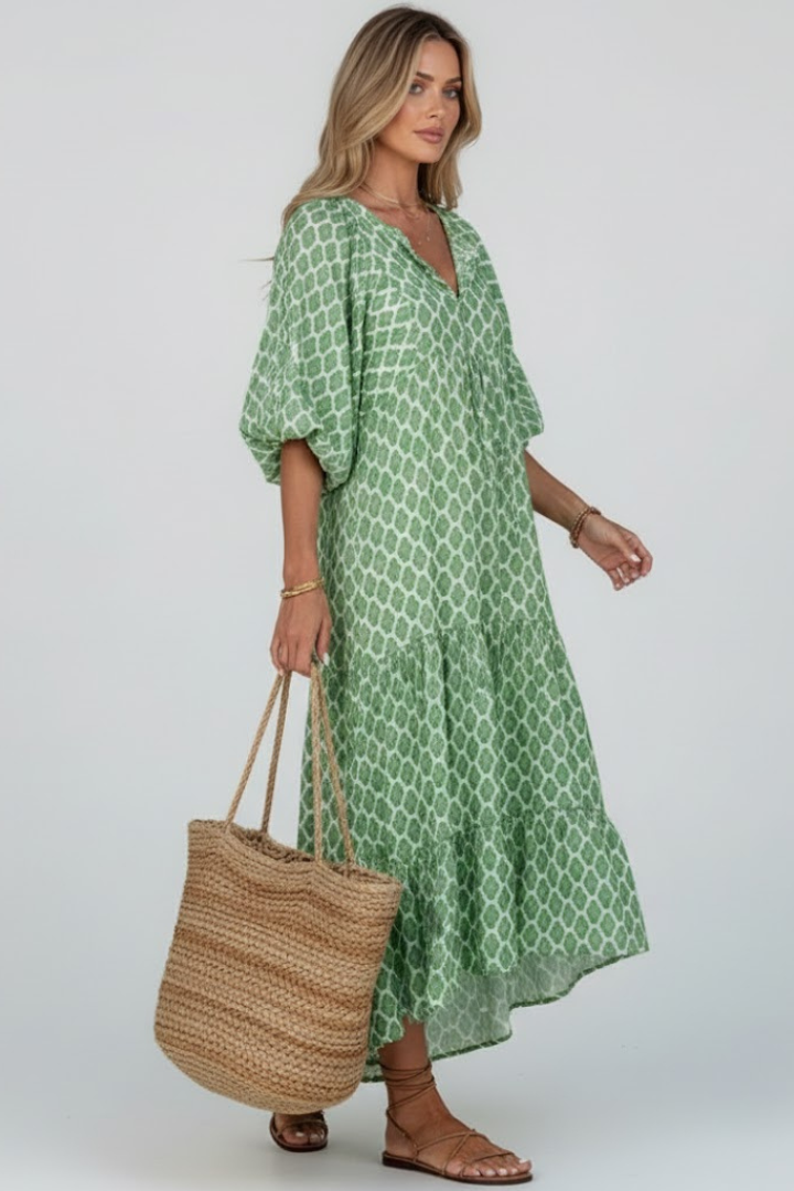 Women's Dress with V-Neck and Short Sleeves in Light Green - View 3.0 | Roselva