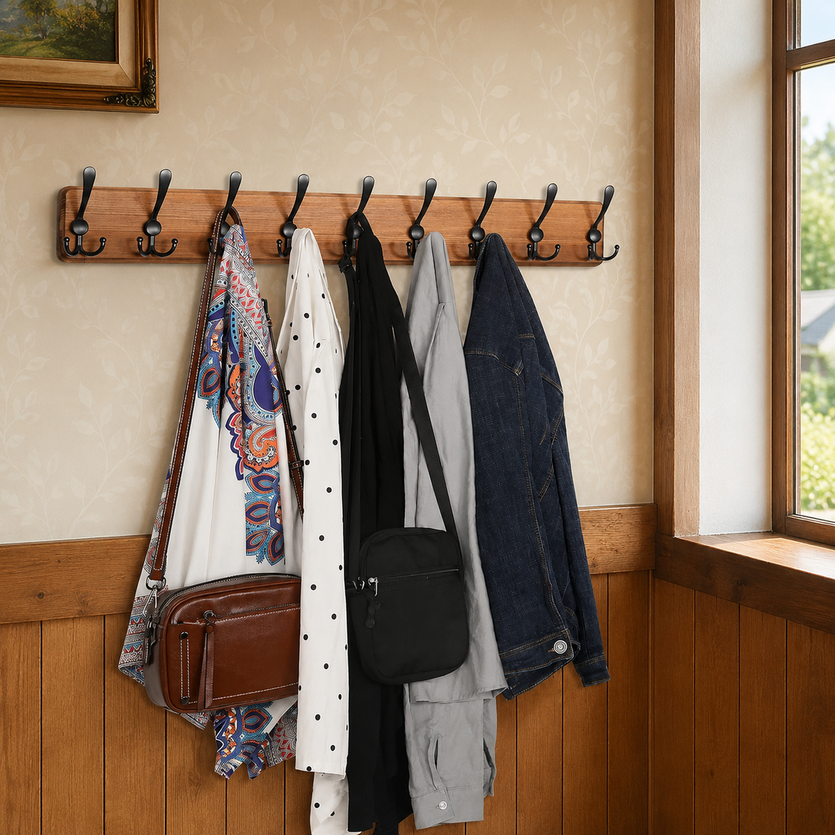 Wall-Mounted 10 Tri-Hook Solid Wood Coat Rack