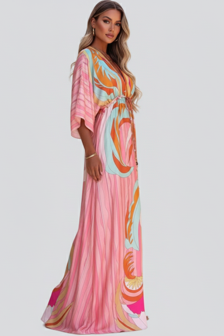 Women's Dress with V-Neck and Belt in Pink - View 3.0 | Roselva