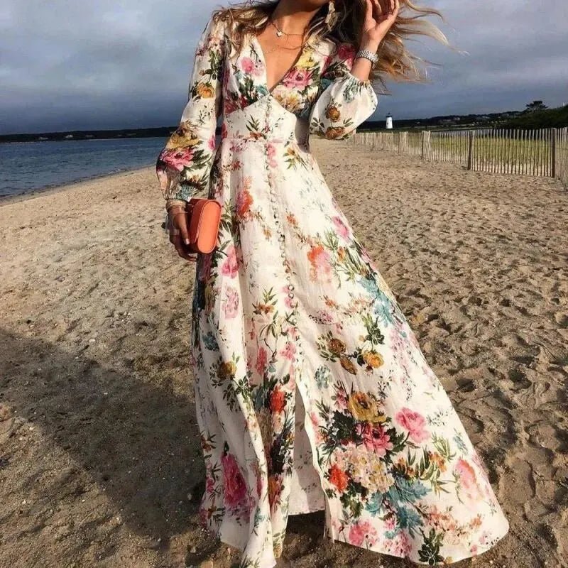 Women's Boho Floral Long-Sleeve V-Neck Maxi Dress – Boho Floral