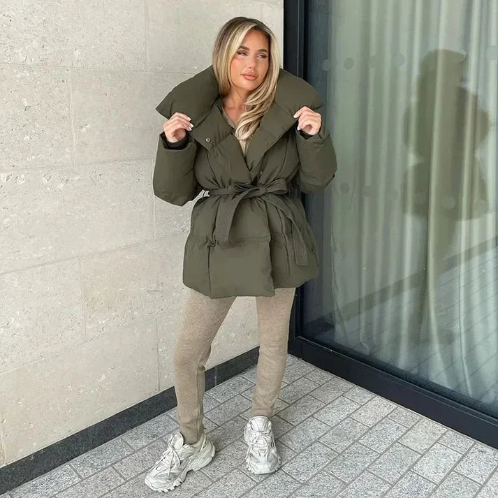 Women's Belted Puffer Coat with Stand Collar