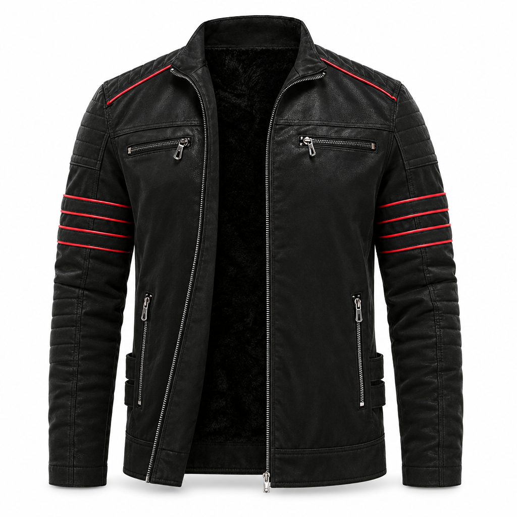 Men's Biker Jacket in Faux Leather with Contrast Stripe Detail