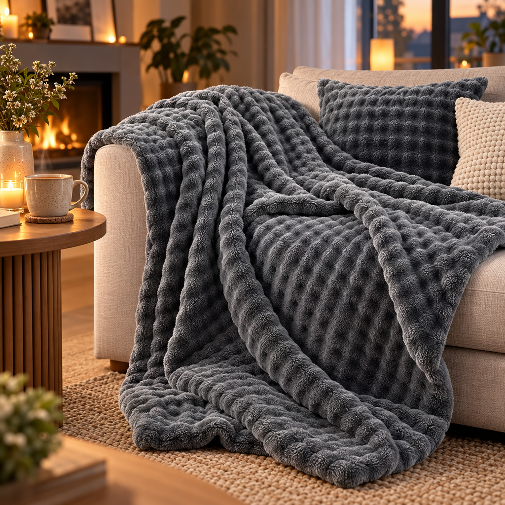 Textured Coral Fleece Throw Blanket for Sofa and Bed