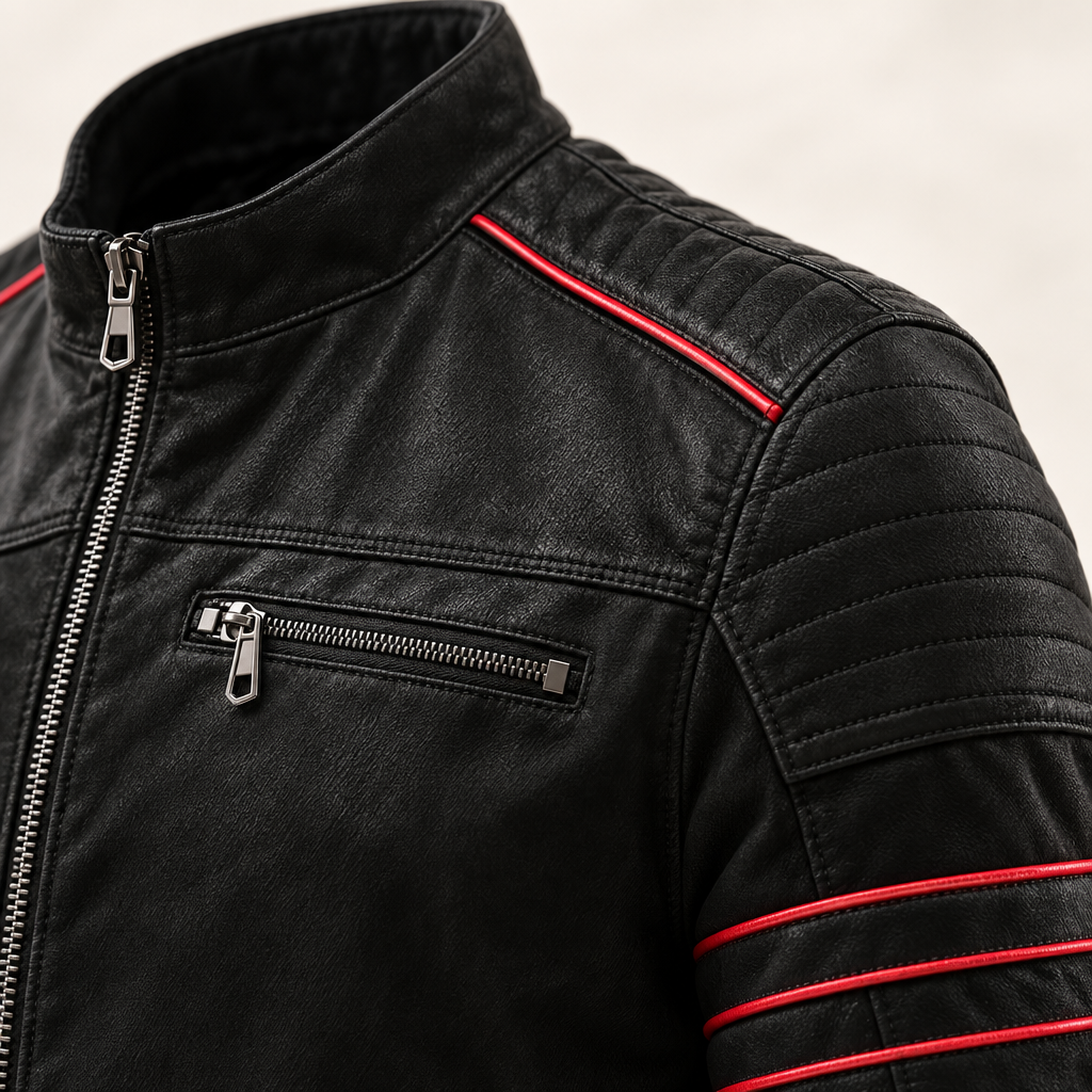 Men's Biker Jacket in Faux Leather with Contrast Stripe Detail