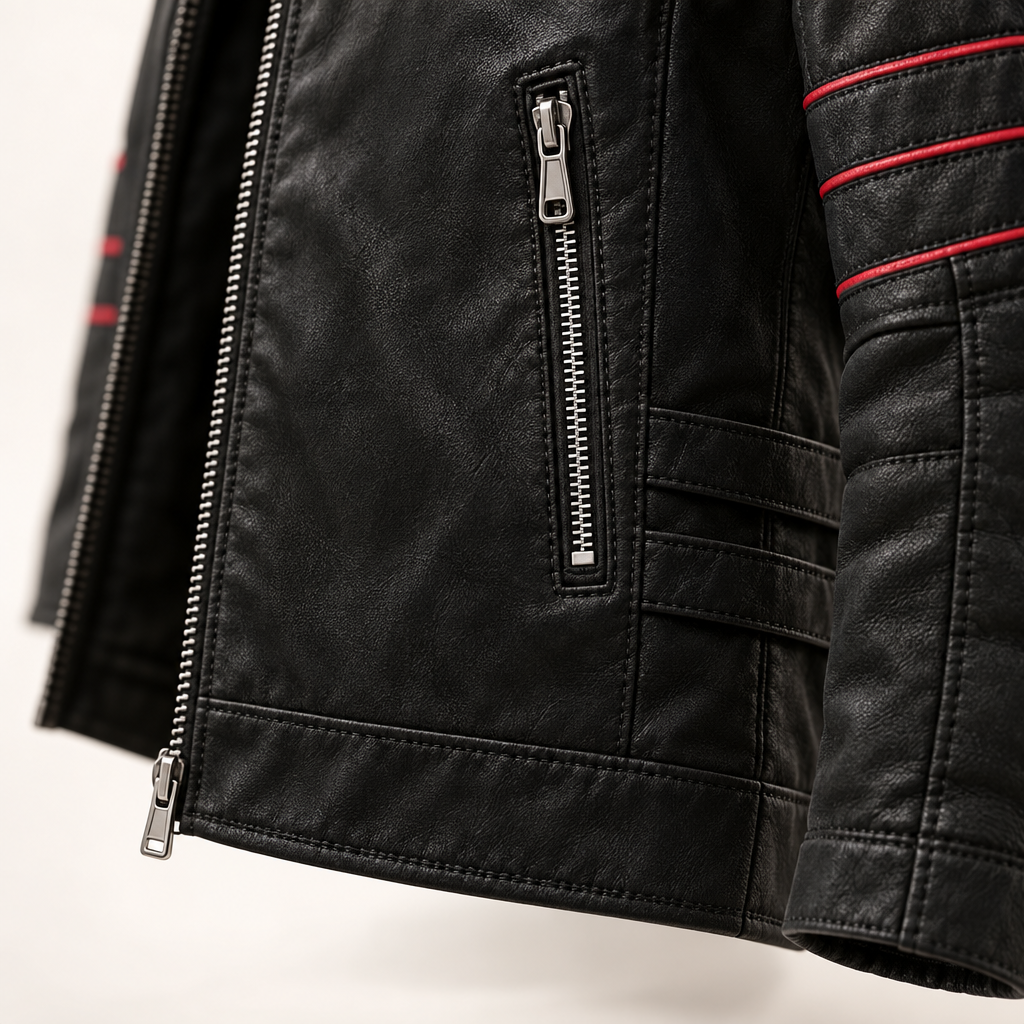 Men's Biker Jacket in Faux Leather with Contrast Stripe Detail
