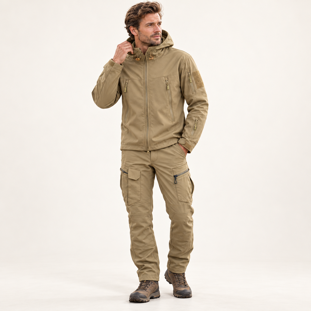 Men's Outdoor Set - Padded Winter Jacket with Hood and Cargo Pants