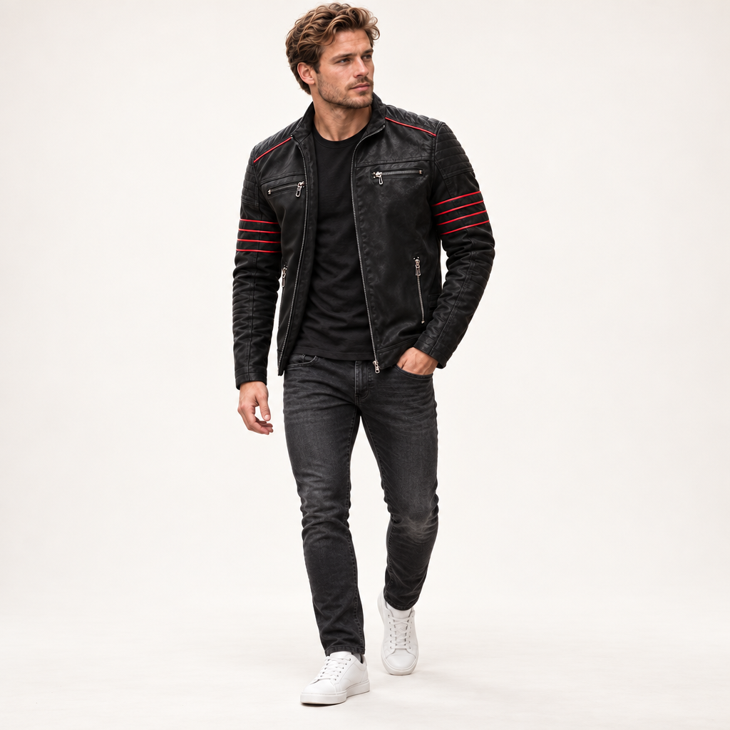 Men's Biker Jacket in Faux Leather with Contrast Stripe Detail