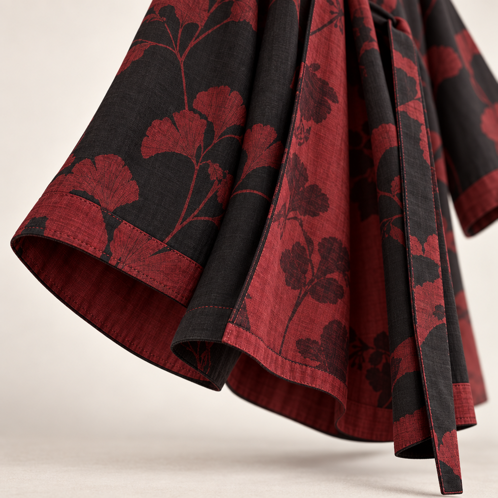 Cotton Kimono Bathrobe with Reversible Leaf Pattern