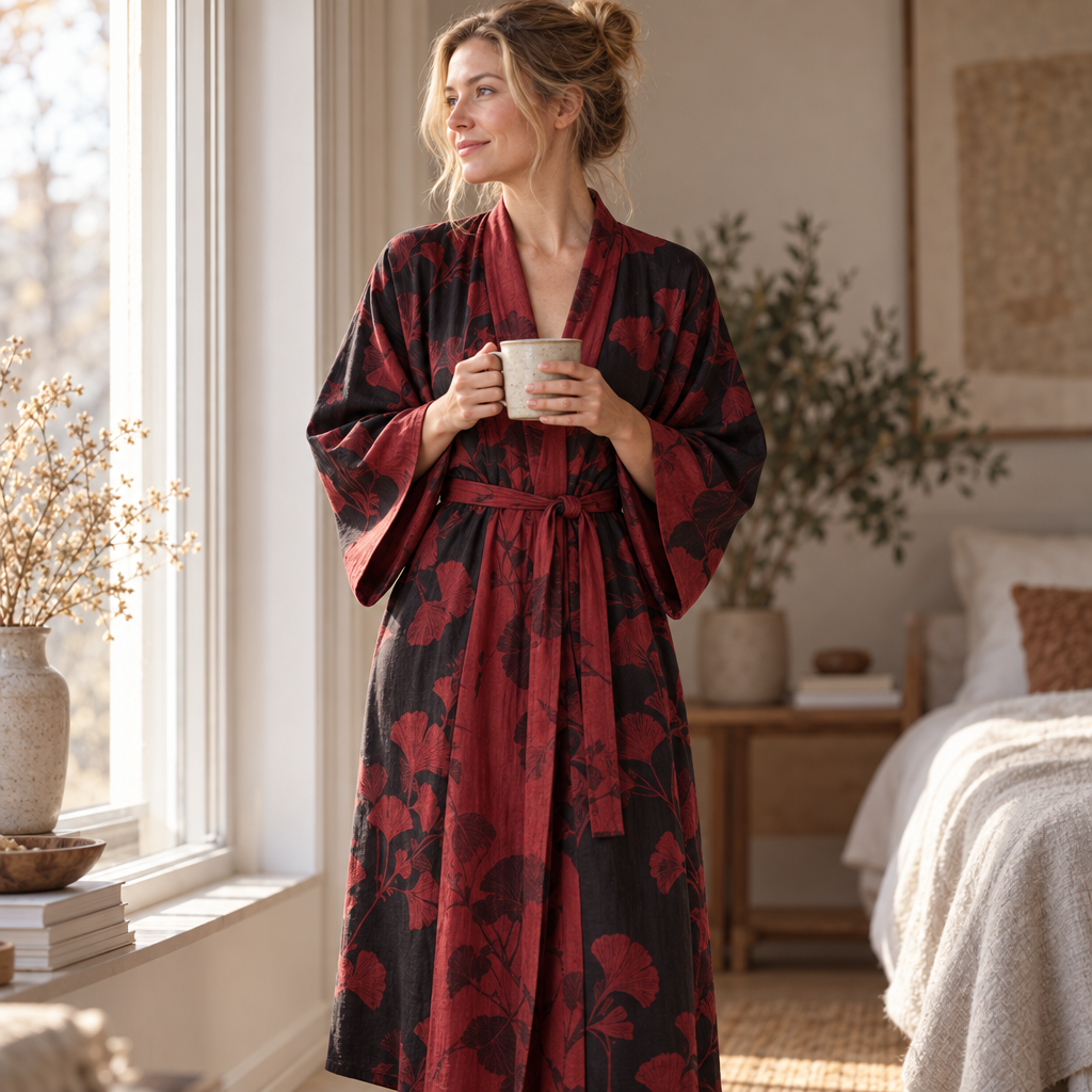 Cotton Kimono Bathrobe with Reversible Leaf Pattern