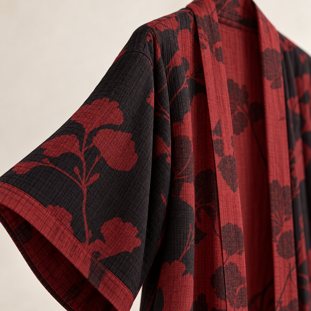 Cotton Kimono Bathrobe with Reversible Leaf Pattern