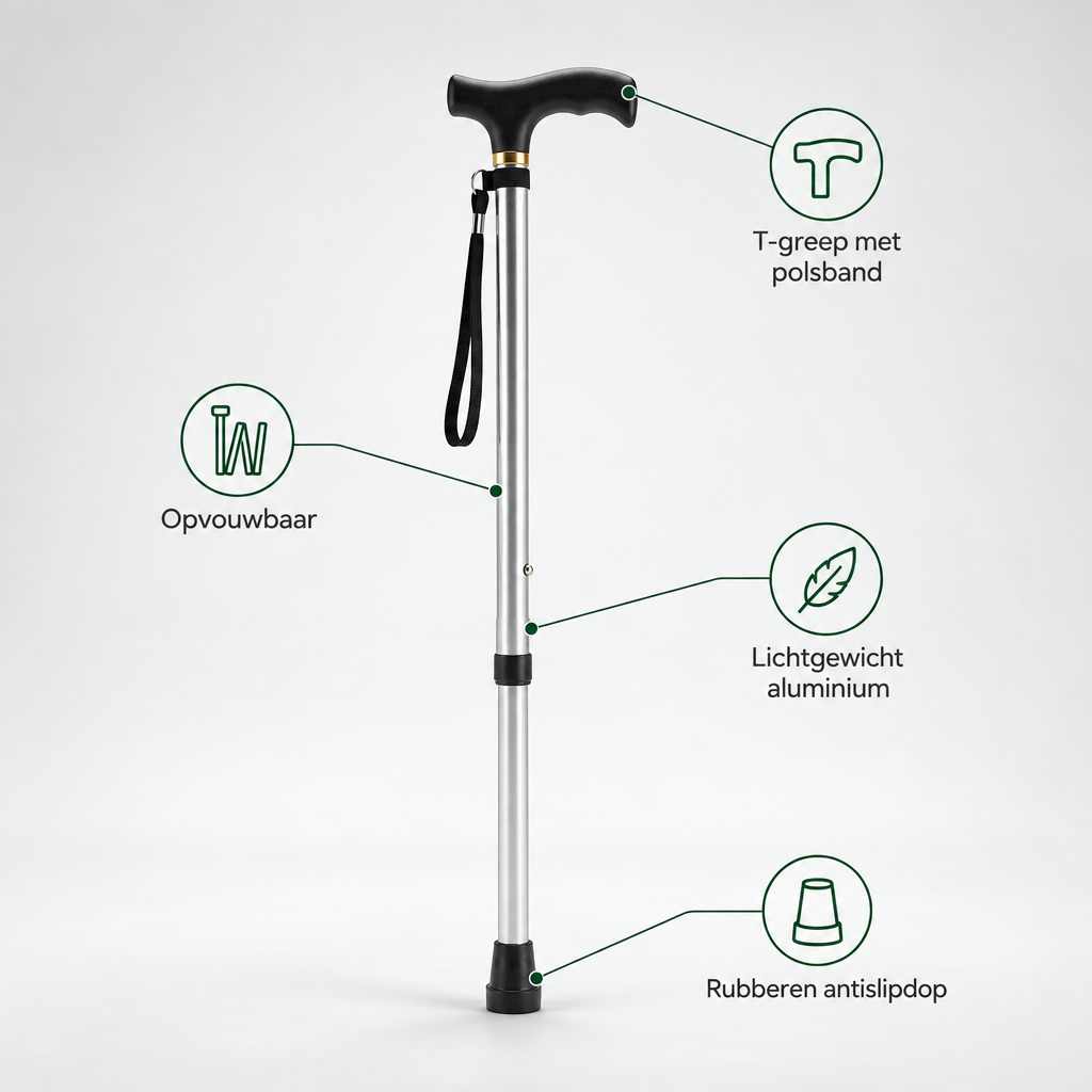 Foldable Aluminum Walking Stick with T-Handle and Wrist Strap