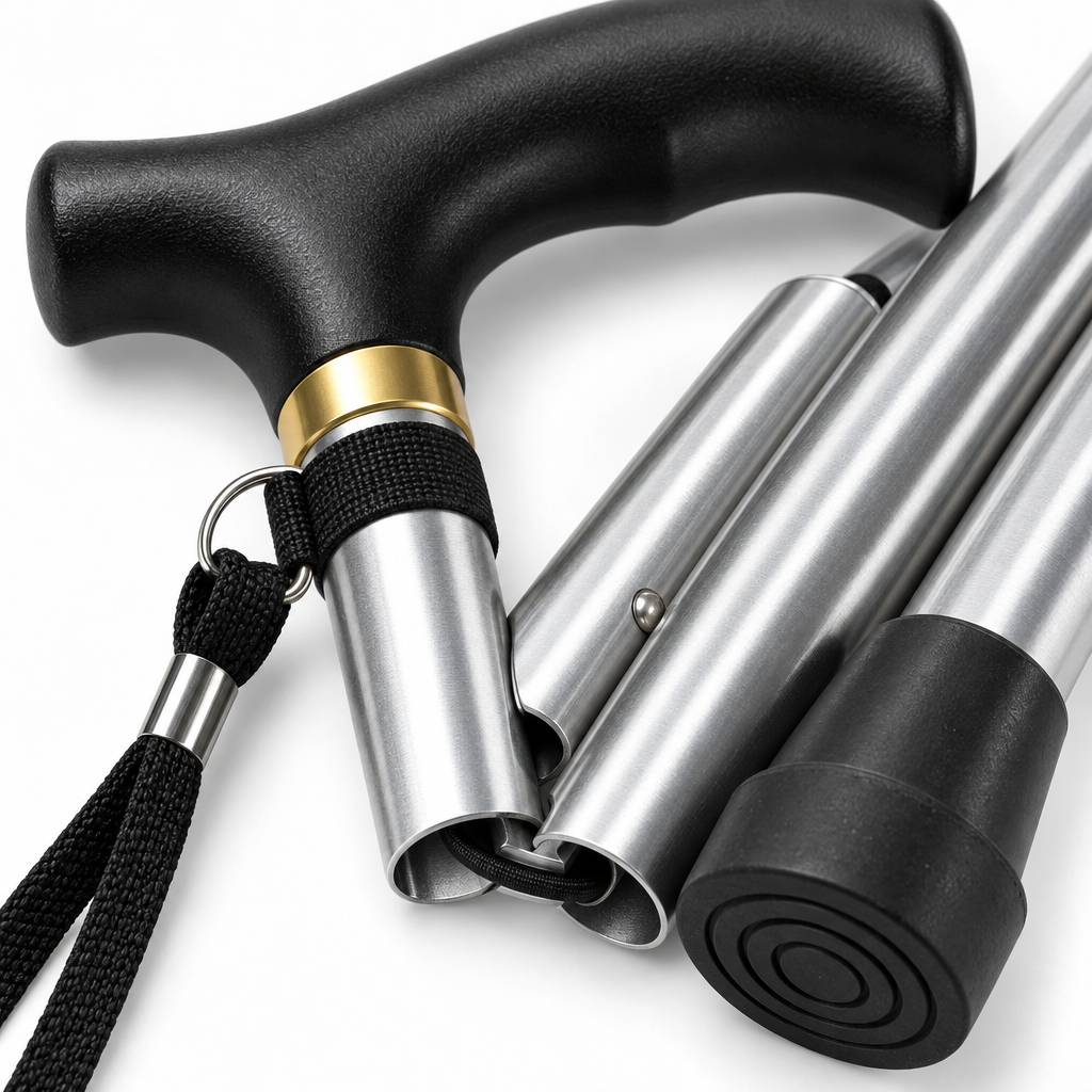 Foldable Aluminum Walking Stick with T-Handle and Wrist Strap