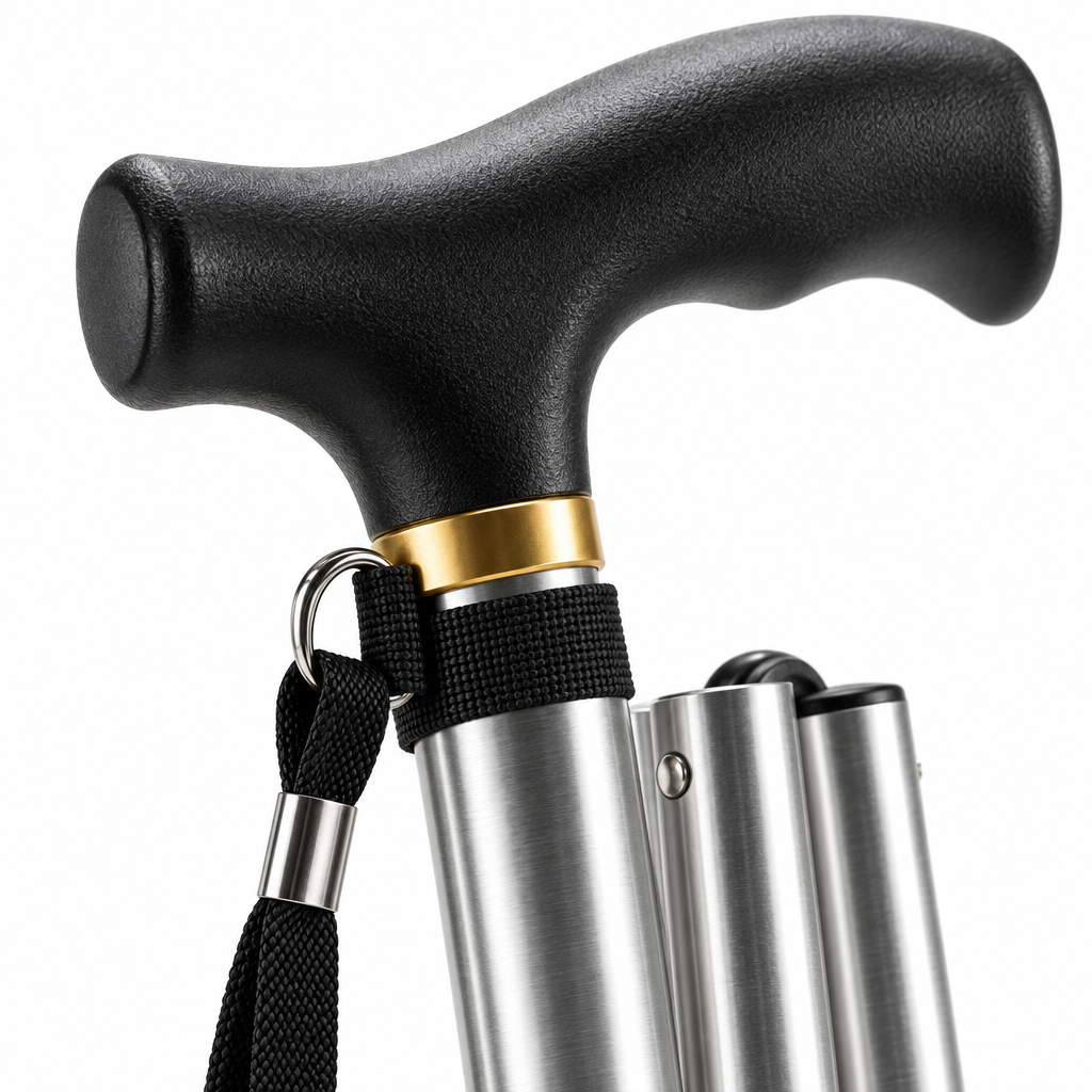 Foldable Aluminum Walking Stick with T-Handle and Wrist Strap