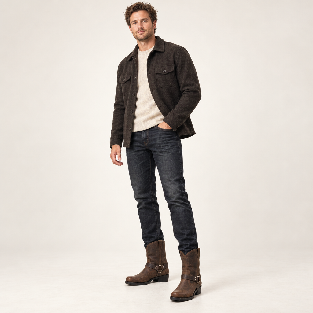 Men's Western Boots with Harness Strap and Metal Details