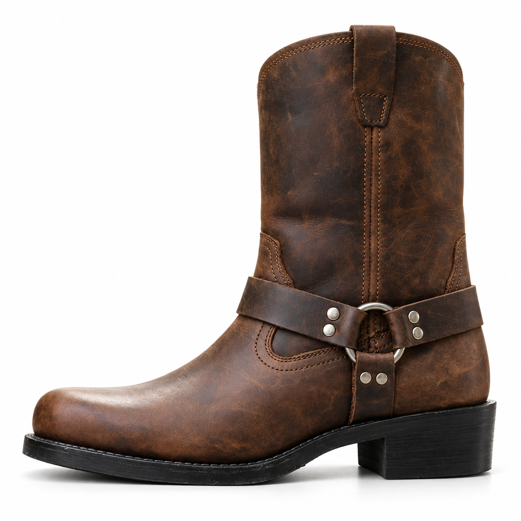 Men's Western Boots with Harness Strap and Metal Details