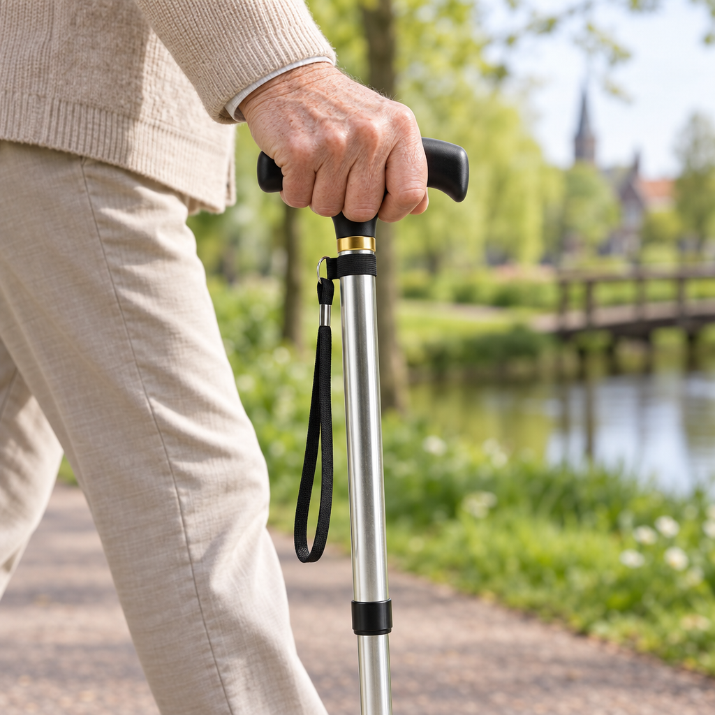 Foldable Aluminum Walking Stick with T-Handle and Wrist Strap