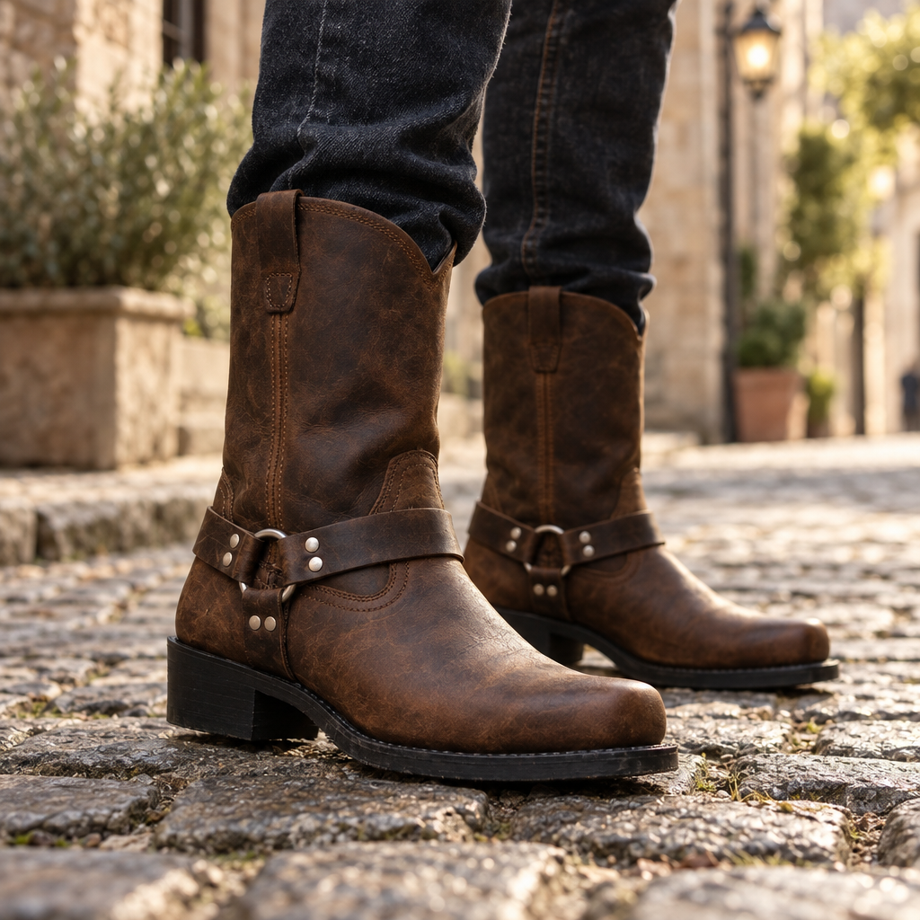 Men's Western Boots with Harness Strap and Metal Details