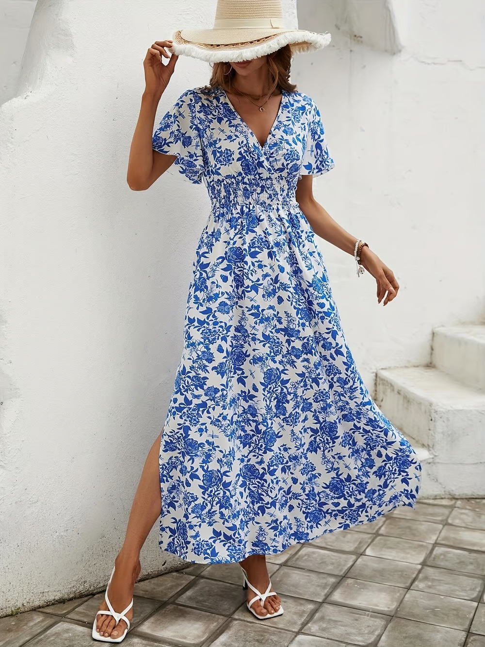 Women's Boho Short-Sleeve V-Neck Maxi Dress – Boho