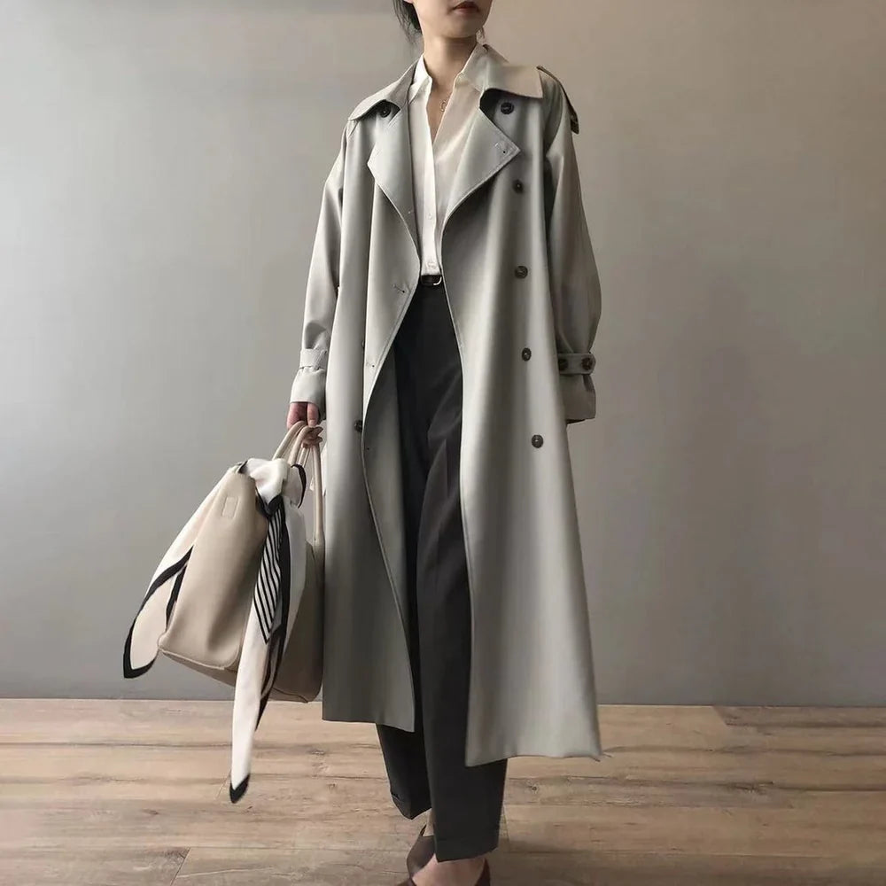 Women's Long Trench Coat with Lapel Collar