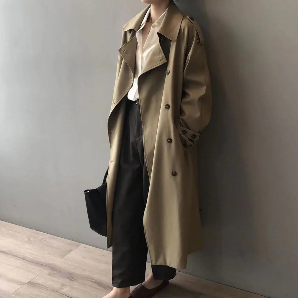 Women's Long Trench Coat with Lapel Collar