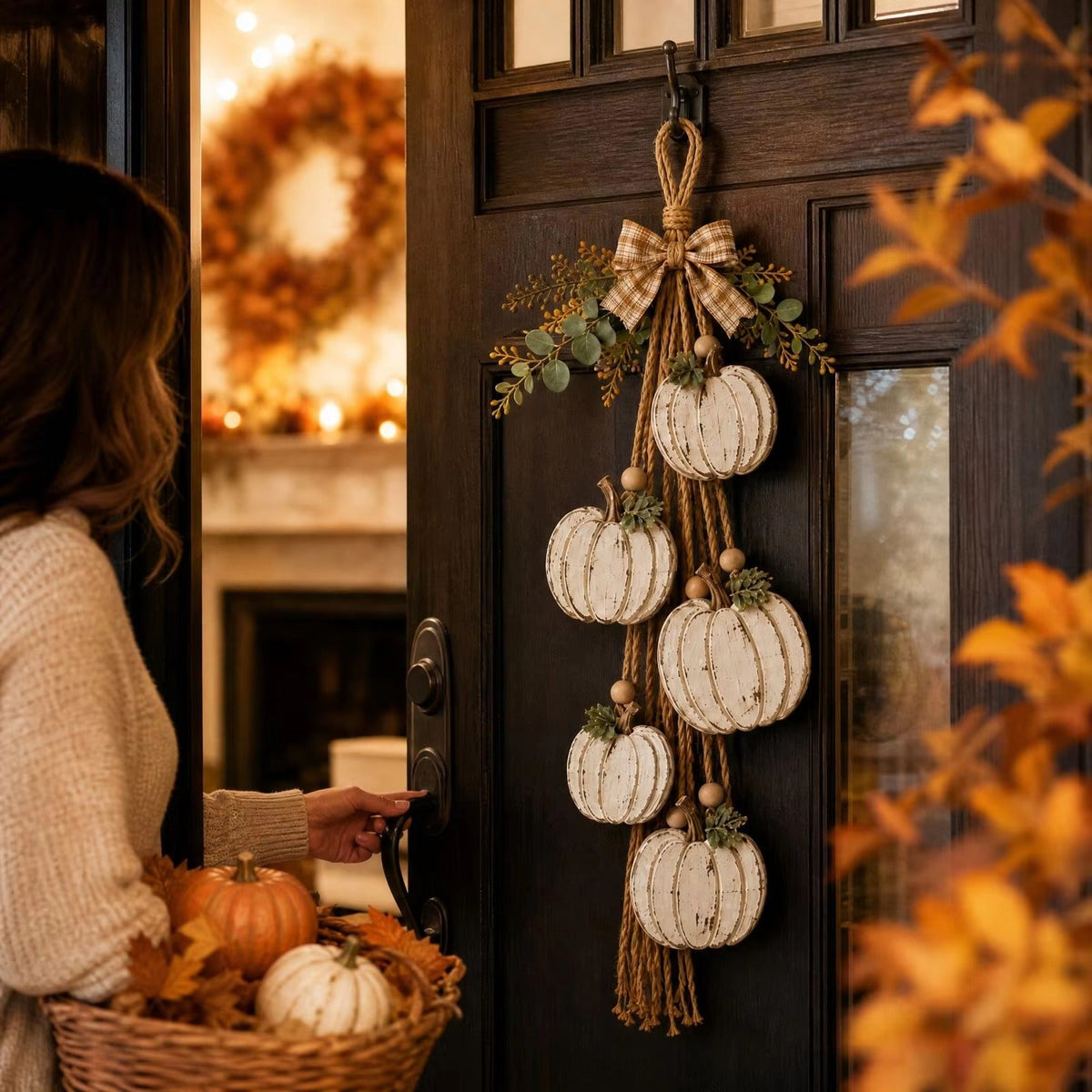 Wooden Pumpkin Door Hanger - 5-Piece Set with Plaid Bow