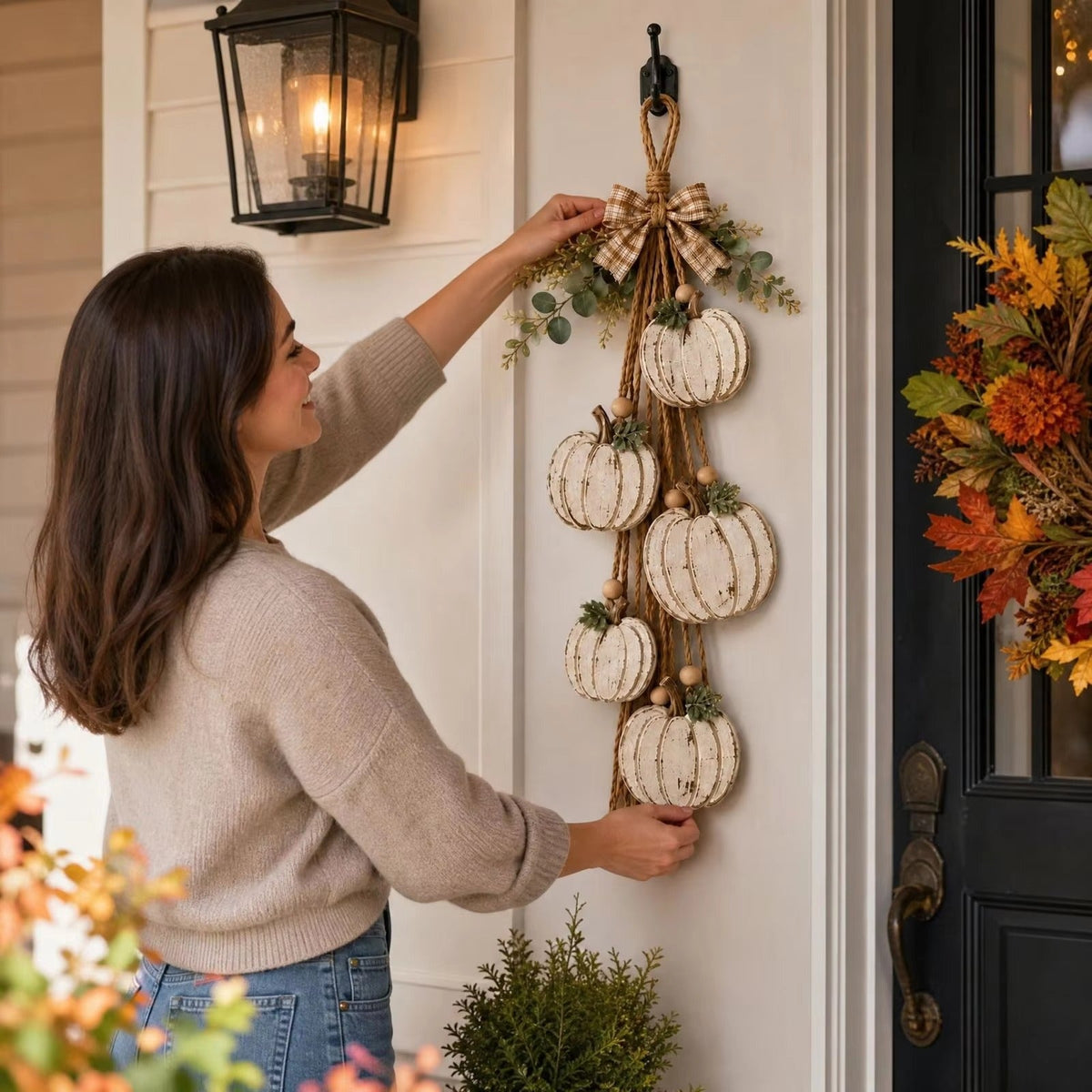 Wooden Pumpkin Door Hanger - 5-Piece Set with Plaid Bow