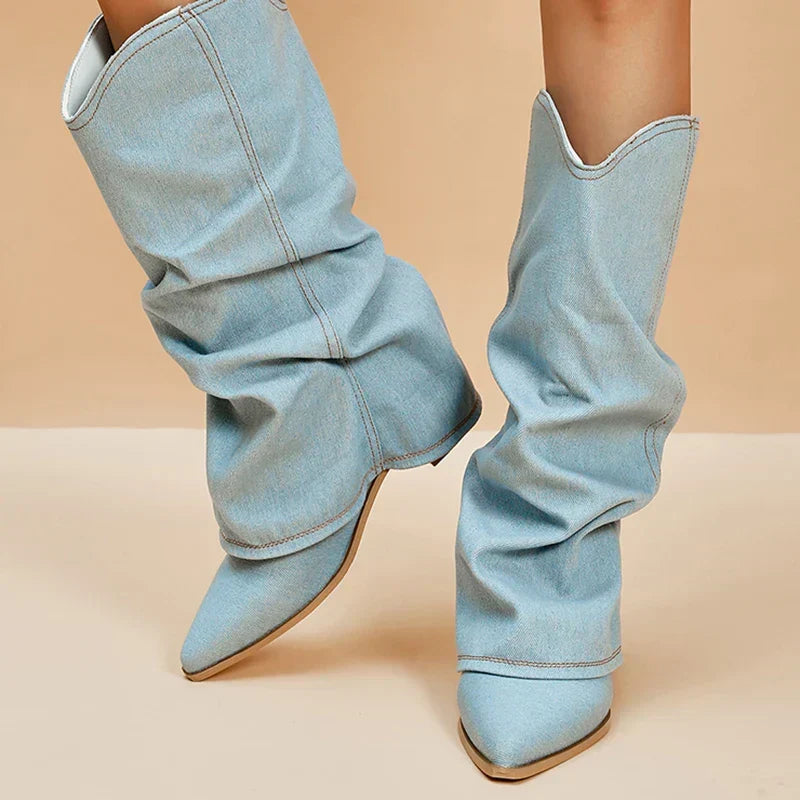 Pippa Denim Knee-High Boots with Edgy Details