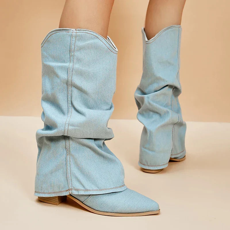 Pippa Denim Knee-High Boots with Edgy Details
