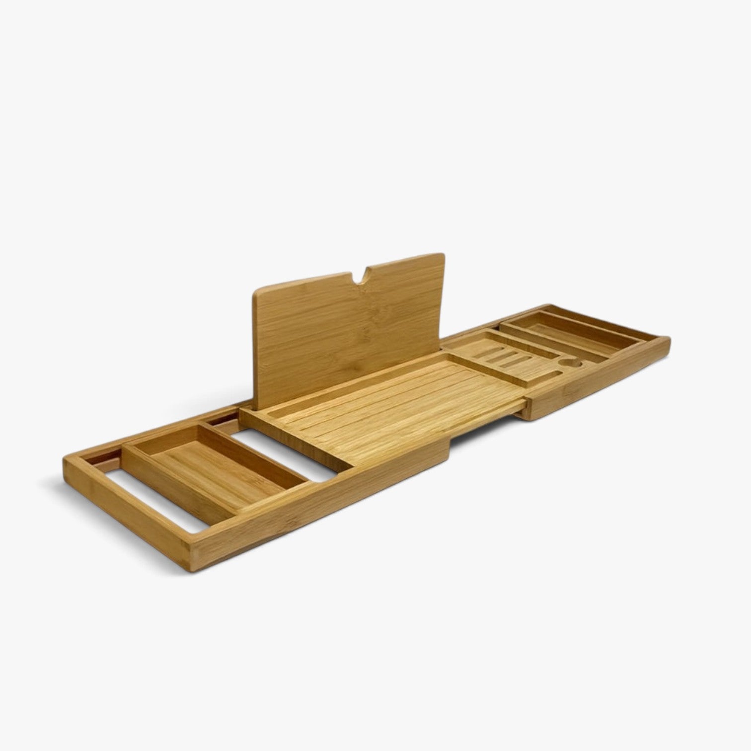 Roselva adjustable brown wooden bathtub caddy with integrated slots for books, tablets, and drinks on a white background