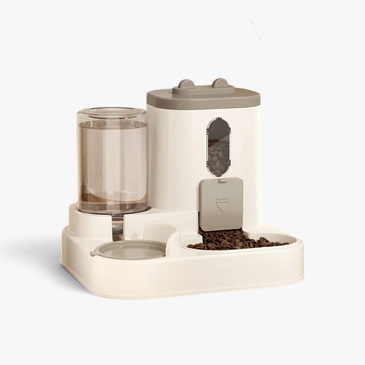 Roselva 2-in-1 gravity pet feeder and water dispenser in white and grey BPA-free plastic for cats and dogs.