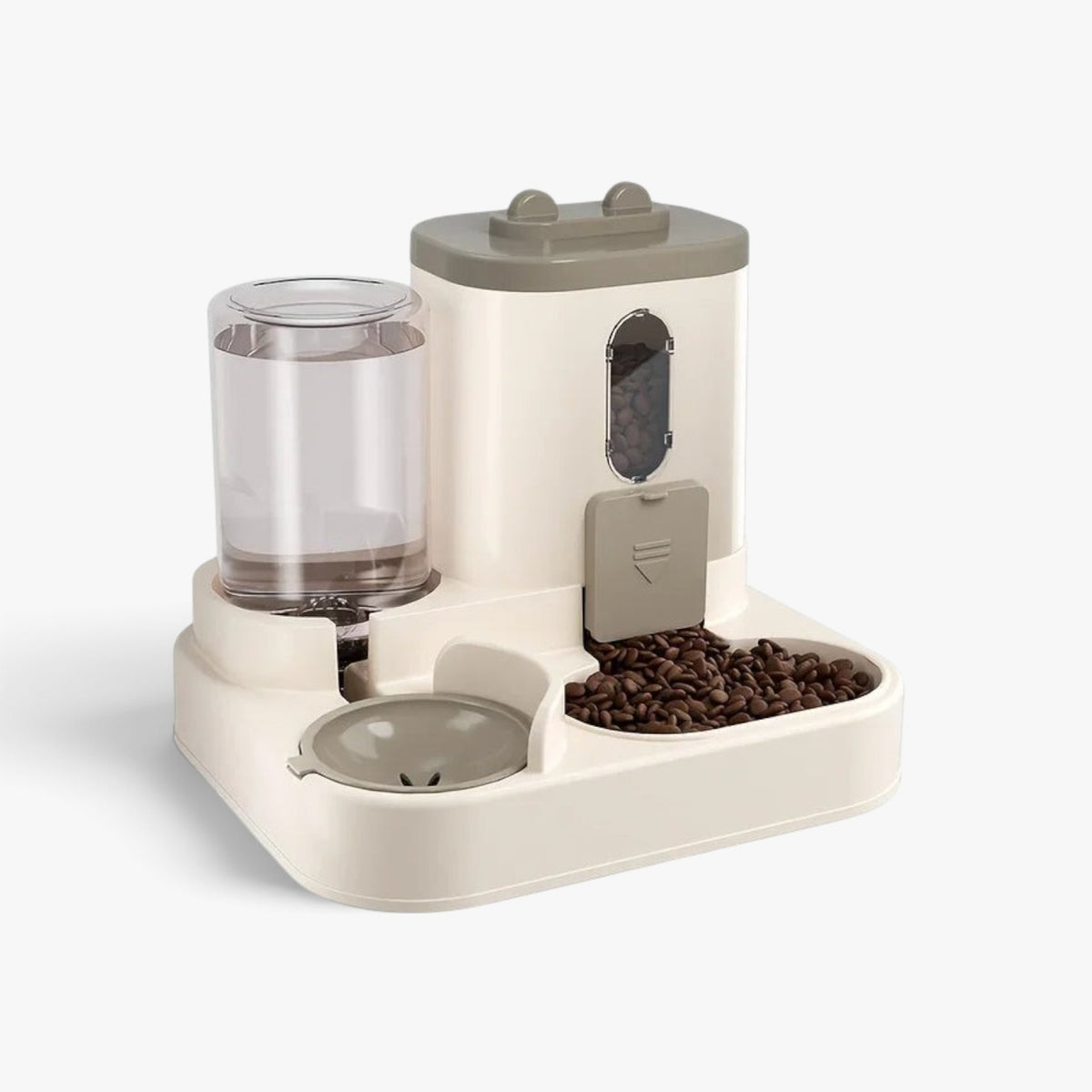 Roselva 2-in-1 gravity pet feeder and water dispenser in cream and grey BPA-free plastic for cats and dogs.