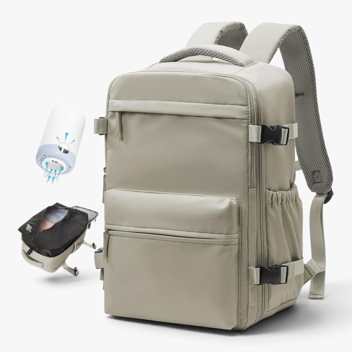 Roselva beige travel backpack with vacuum compression system and portable electric pump for organized packing