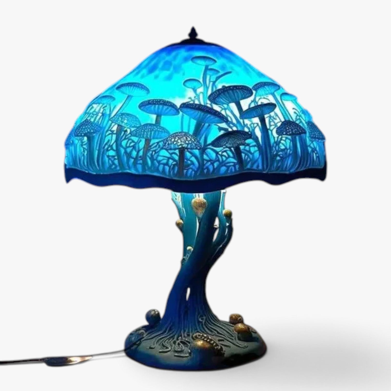 Roselva stained glass table lamp featuring a blue mushroom forest design with a sculpted base and glowing light shade.